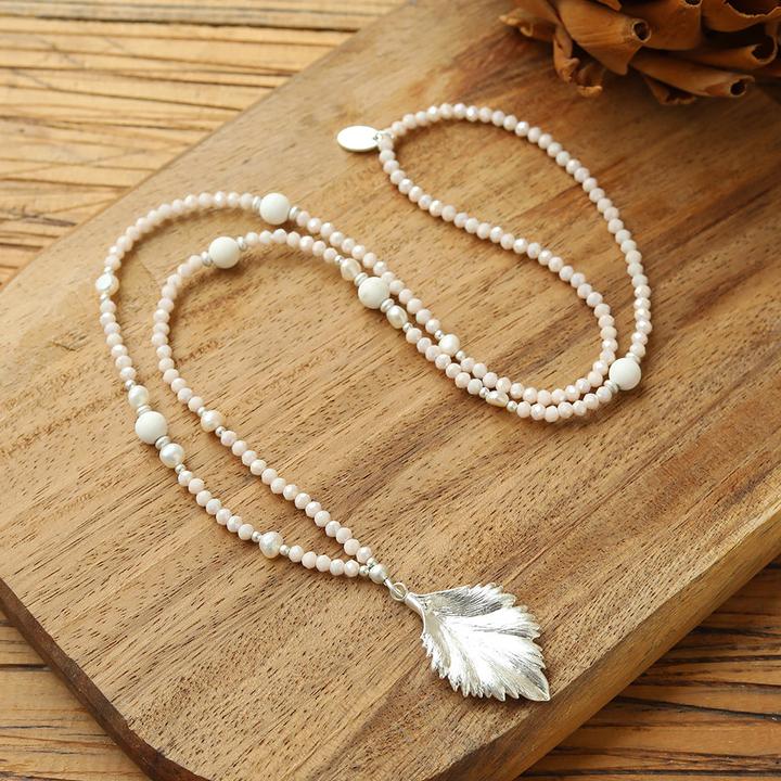 Image du produit Andreani Collier avec pendentif feuille en véritables perles roses d'eau douce avec verre (Verre)