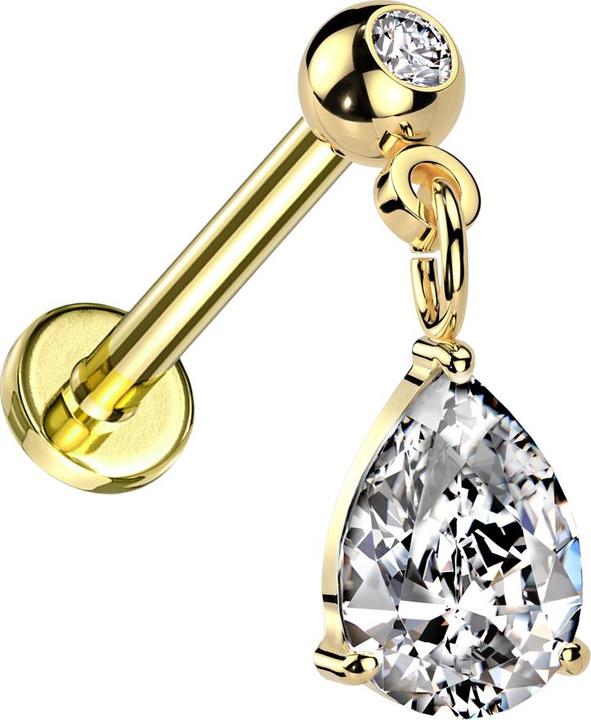 Hollywood Body Jewelry Micro Threadless Labret vergoldet mit Kugel vergoldet Kristall silber Anhänger Tropfenkristall silbe (Messing, Chirurgenstahl 316L)