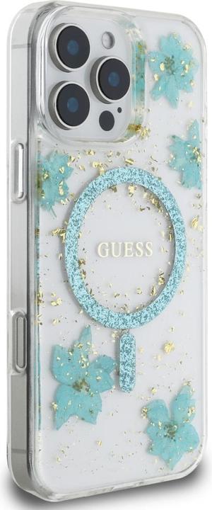 Actual product image Guess Case Resin Flowers Glitter MagSafe for iPhone 16 Pro Max turquoise (Apple iPhone 16 Pro Max)