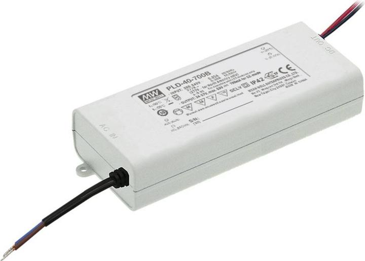 Produktbild MeanWell MEAN WELL PLD-40-1400B, 40,6 W, IP42, -30 - 50 °C, 180 - 295 V, 47 - 63 Hz, 0.35