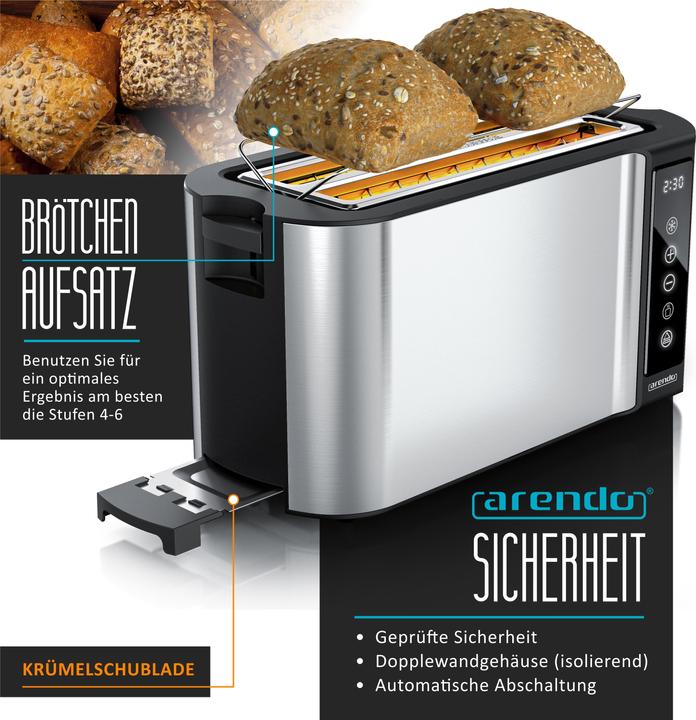 Actual product image Arendo Toaster stainless steel 4 slices long slot, touchpannel, bun warmer, display with remaining time