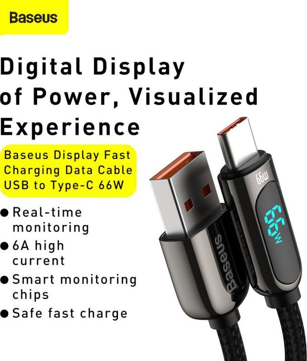 Actual product image Baseus Display Cable USB to Type-C, 66W, 2m (black) (2 m, USB 3.0, 66 W)