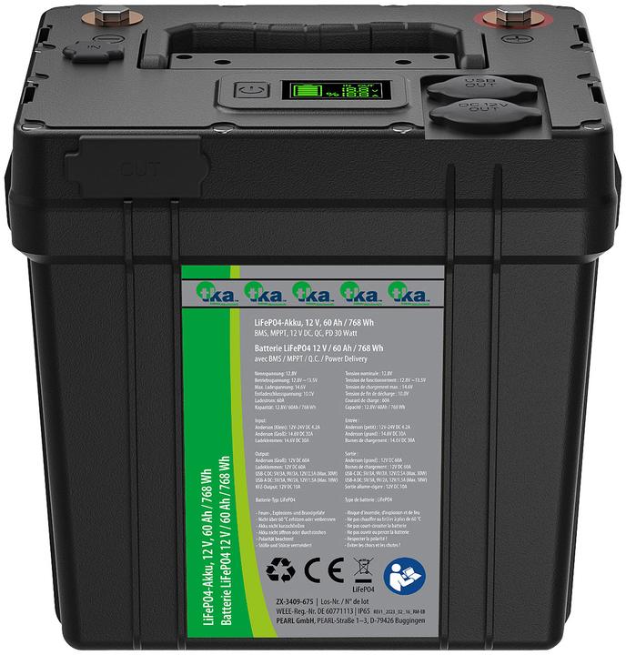 Produktbild TKA LiFePO4-Akku, 12 V, 60 Ah / 768 Wh, BMS, MPPT, 12 V DC, QC, PD 30 Watt (12.80 V, 60 Ah)