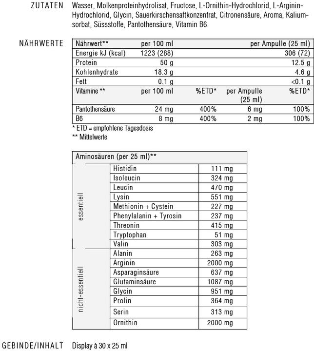 Valeurs nutritives et ingrédients Sponser Amino 12500 (Cerise, 30 x)
