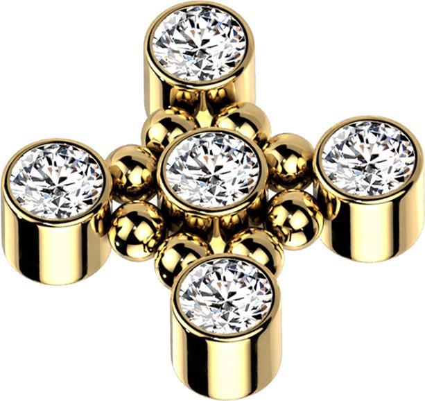 Star Piercing Dermal Anchor vergoldet Quadratisch acht Kugeln fünf Kristalle silber (Titan G23, ohne Messing)