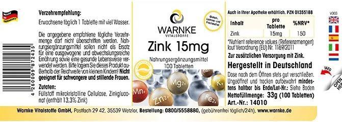 Valeurs nutritives et ingrédients Warnke Zinc 15 mg Comprimés, 250 Comprimés (250 pièce(s), Cachets, 83 g)