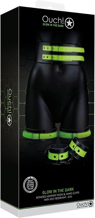 Actual product image Ouch! Thigh Cuffs with Belt and Handcuffs - Glow in the Dark - S/M