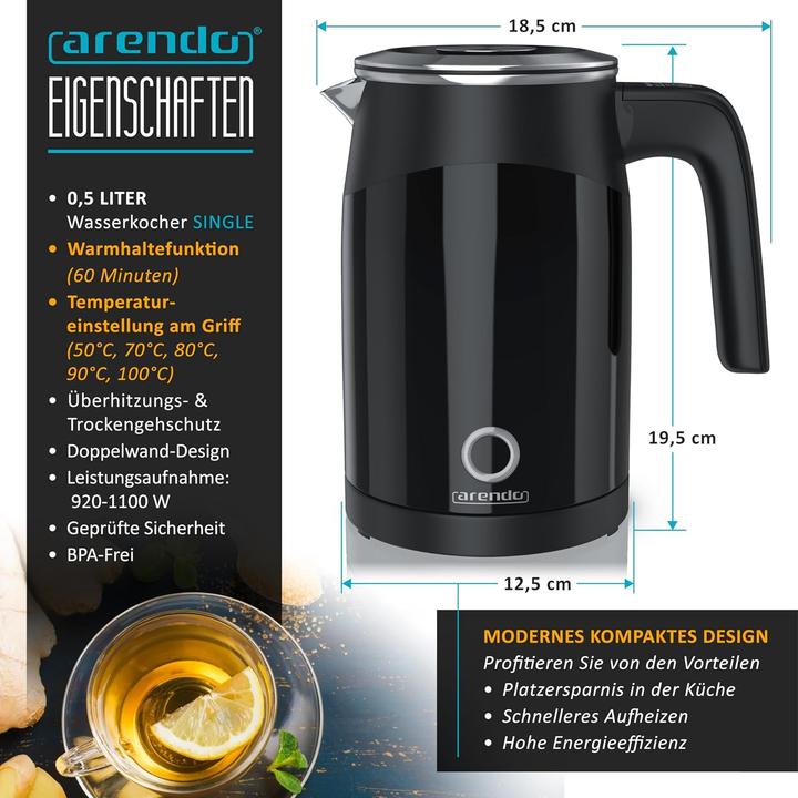 Produktbild Arendo 0,5l Edelstahl Wasserkocher (0.50 l)