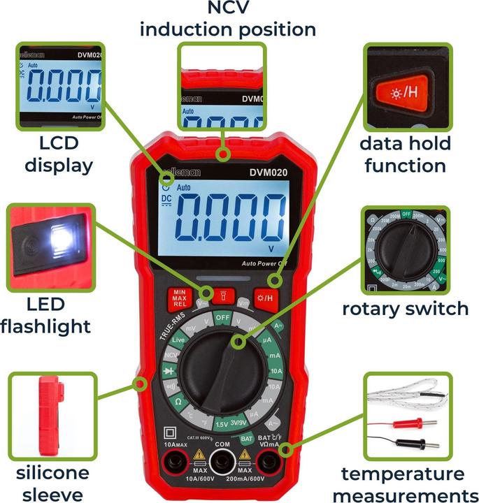 Produktbild Velleman Universelles, robustes Echt-Effektivwert-Digitalmultimeter - CAT III - 600 V - 8 Funktionen (CAT III)