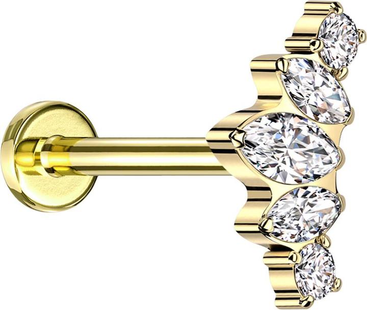 Star Piercing Micro Labret Innengewinde vergoldet drei Ovale und zwei runde Kristalle silber (Titan G23, ohne Messing)