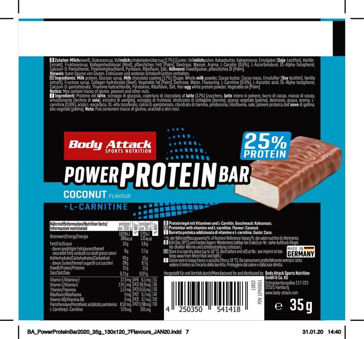 Produktbild Body Attack Power Protein Bar (24x35g Riegel) (Vanille, Stracciatella, 24 Stk., 840 g)