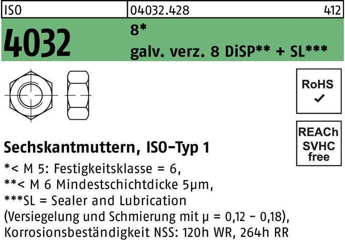 Produktbild Bufab Sechskantmutter ISO 4032 M 5 8 galvanisch verzinkt 8 DiSP + SL (M5)