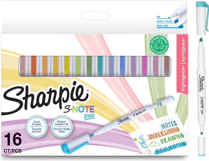 Image du produit Sharpie Surligneur S-Note DUO pointe biseautée et ogive 16 pcs. blister (Multicolore, 3.50 mm, 16 x)