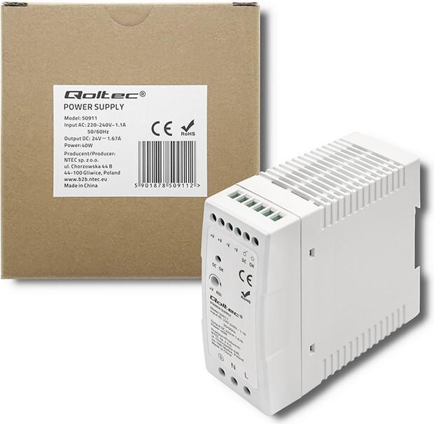 Image du produit Qoltec 50911 Zasilacz na szynę DIN 40W 24V 1.67A Biały Slim (Alimentation électrique)