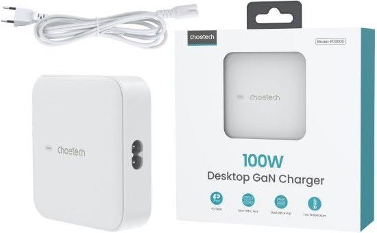 Productafbeelding Choetech PD8008 100W GaN snellader 2x USB-A / 2x USB-C - wit (100 W)