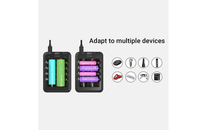 Actual product image Isdt Charger C4 Air USB-C, for NiMH & Li-ion (1 pcs., 10440, 10500, 12500, 13500, 14500, 14650, 16650, 17650, 17670, 18650, 18700, 20700, 21700, 22650, 26650, AAA, AA, Battery + charger)