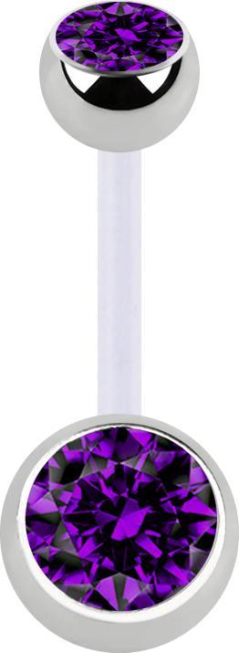 Star Piercing Banane transparent mit zwei Kugeln silber Kristall violett (Chirurgenstahl 316L, ohne Messing, Bioflex)
