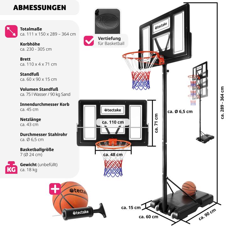 Actual product image tectake Basketball hoop Dirk, hoop height 234 - 302 cm, with ball & pump