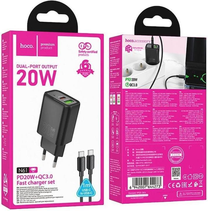 Produktbild Hoco Adapter wall charger USB A + Type C + cable Type C to Lightning PD QC3.0 3A 20W N61 black (5 W)
