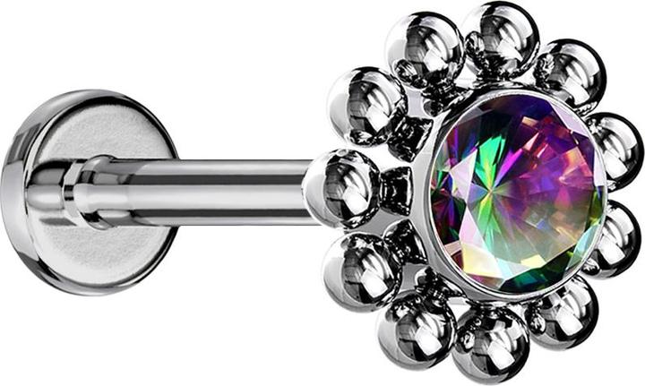 Star Piercing Micro Labret Innengewinde silber Kugelblume Kristall dunkel multicolor (Titan G23, ohne Messing)
