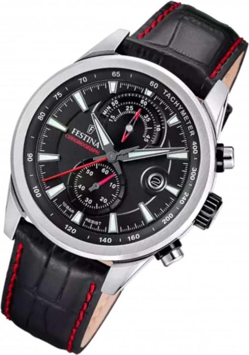 Produktbild Festina Timeless Chronograph Uhr F20695/6 Schwarzes Lederarmband, Herren (Chronograph, 44 mm)