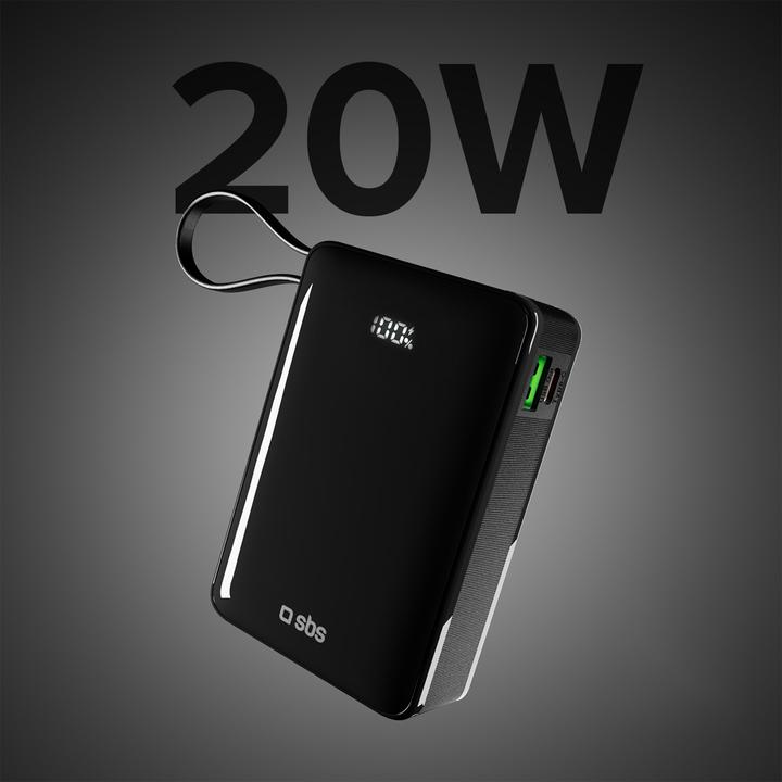 Produktbild SBS Powerbank 20.000mAh 20W PD LCD USB-C Kabel schwarz (20000 mAh, 20 W)