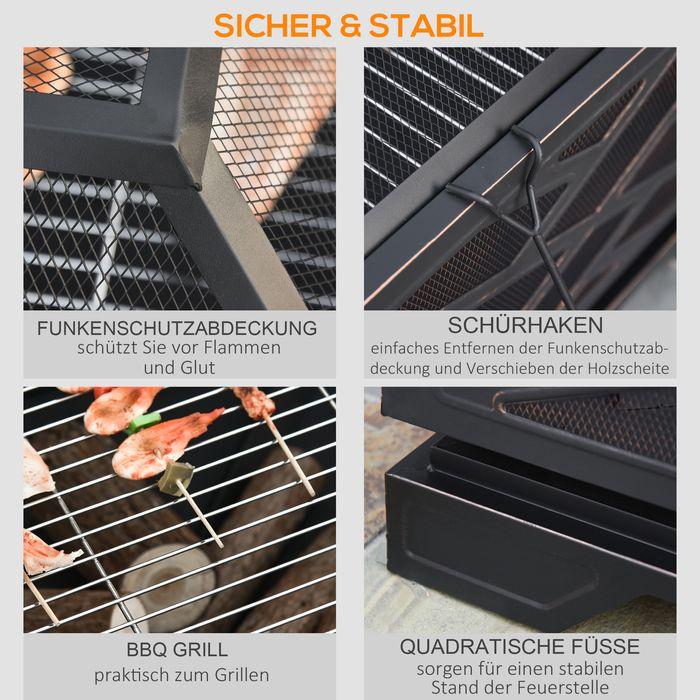 Produktbild Swisshandel24 Feuerschale mit Funkenschutz, Feuerkorb mit Grillrost & Schürhaken, 2-in-1 BBQ Grill, Metall, Schwar (66 cm)