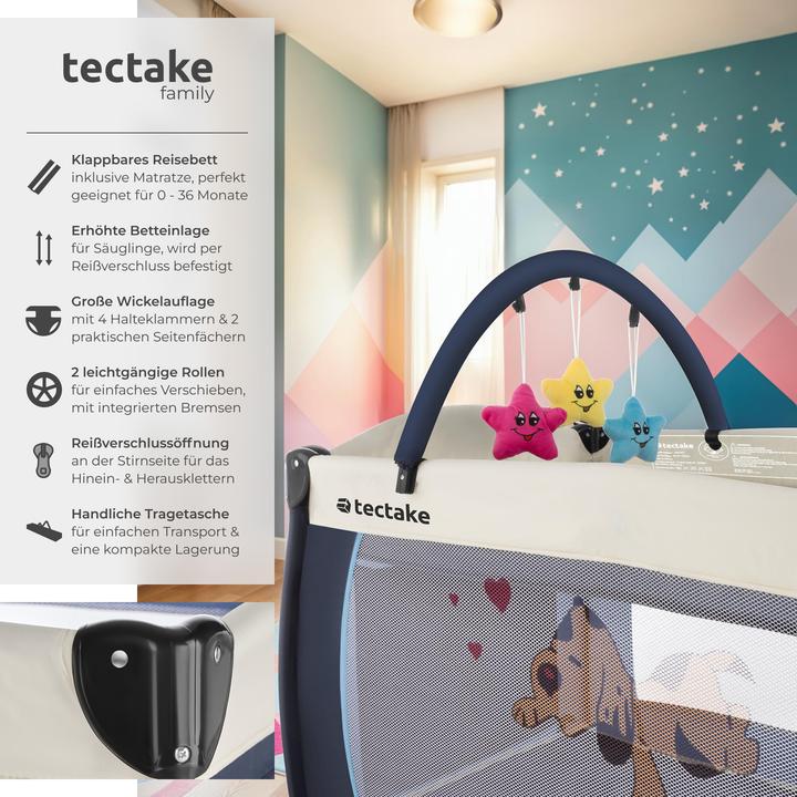 Produktbild tectake Kinderreisebett Hund mit Wickelauflage und Transporttasche