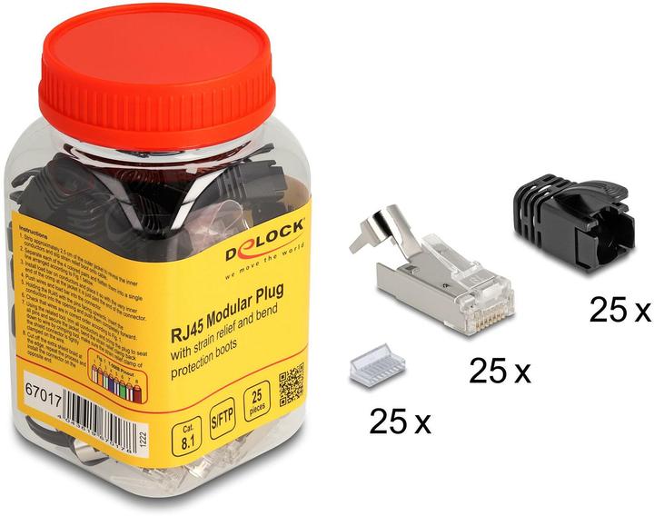Produktbild Delock RJ45 Modularer Stecker mit Zugentlastung Cat.8.1 und Knickschutztülle 25er Set (S/FTP, CAT8.1, 0.02 m)