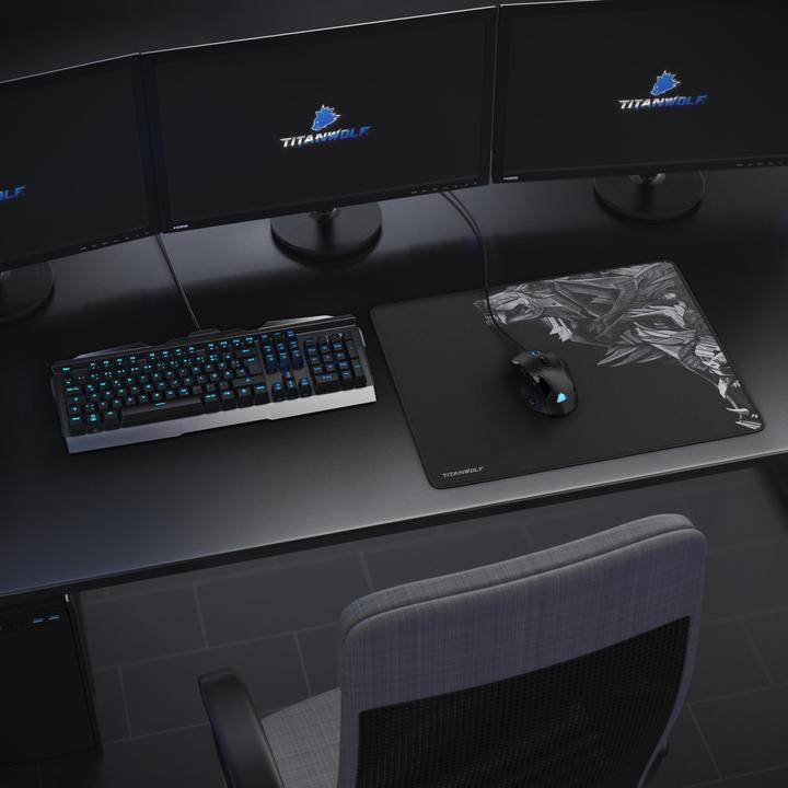 Actual product image Titanwolf Gaming mouse pad XL, 440 x 350mm mouse mat with fabric surface, rubberised back, wolf motif on the (L)