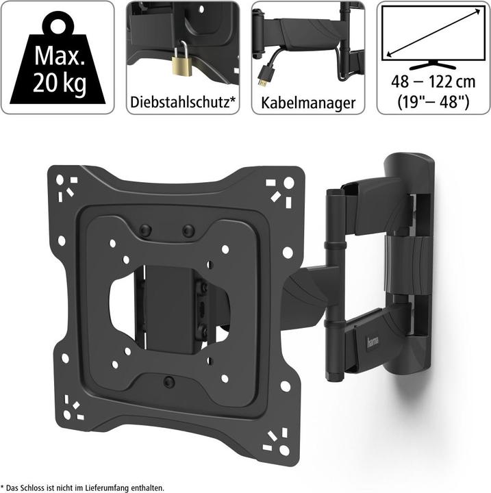 Produktbild Hama TV-Wandhalterung, schwenkbar, neigbar, Diebstahlschutz, 122 cm (48"), 25 kg (Wand, 48", 25 kg)