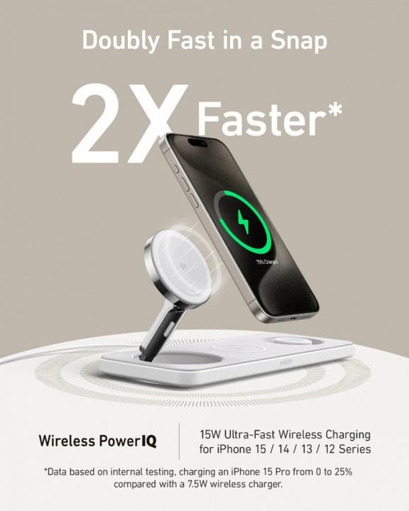 Produktbild Anker MagGo Magnetic Wireless Charger 15W, 3-in-1 Pad, White, EU Plug (25 W)