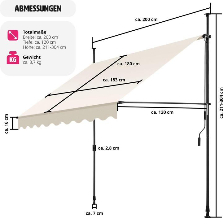 Produktbild tectake Klemmmarkise mit Handkurbel, höhenverstellbar (2 m)