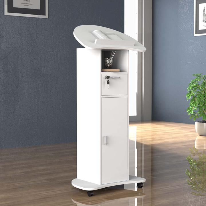 Actual product image VCM Wooden Standing Desk Lectern Mobile Standing Table Rollable Castors Drawer Redola Door (56 x 37 x 110 cm)