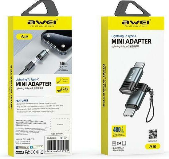 Actual product image Awei Adapter A12 Lightning/USB-C szare /grey (USB Type C, Lightning)