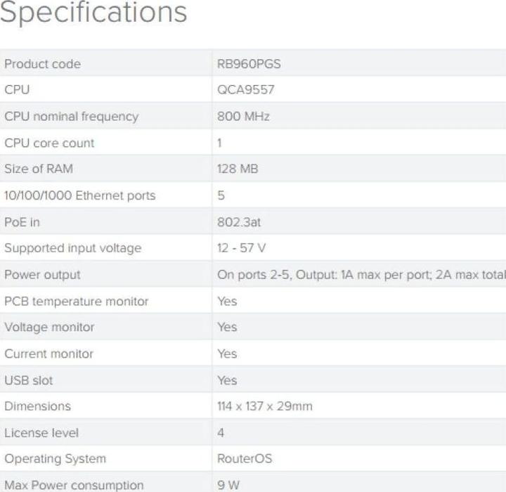 Nutritional values and ingredients MikroTik RB960PGS: 5 Port PoE+ Router