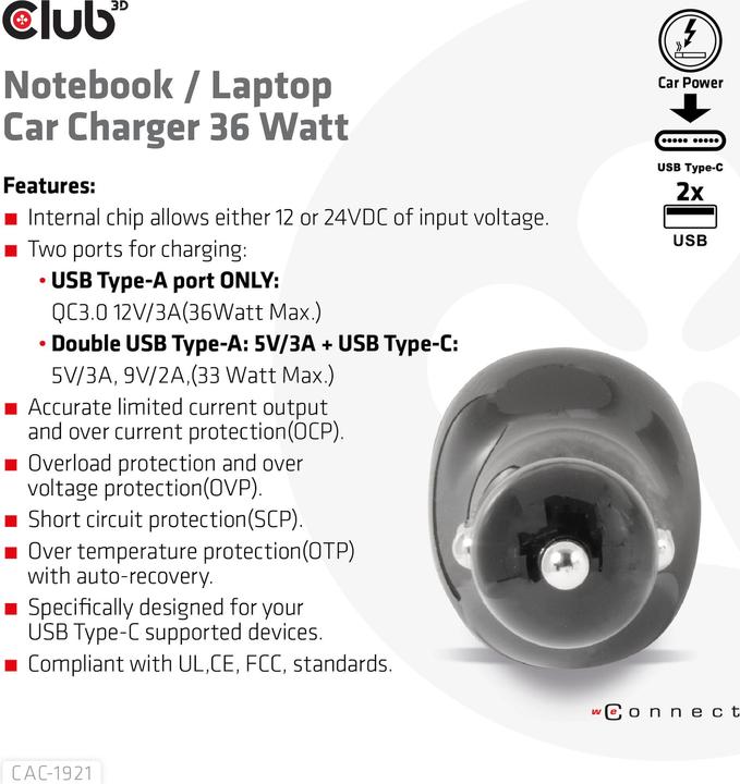 Actual product image Club 3D Club3D USB Car Charger 1xUSB C, 2xUSB A, 36W, 12/24V retail
