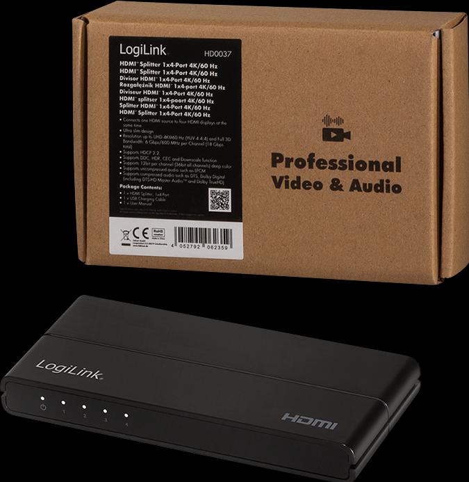 Actual product image LogiLink HD0037 HDMI Splitter 1x4-Port, 4K/60 Hz, HDCP, HDR, CEC, downscaler