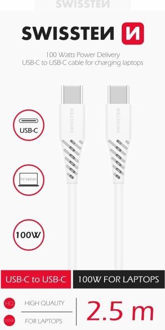 Actual product image Swissten Data Cable TPE USB-C/USB-C Power Delivery 5A (100W) 2.5m White (2.50 m, 100 W)