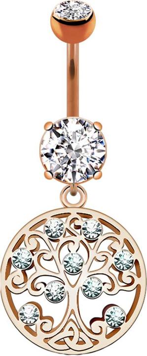 Star Piercing Banane rosegold mit zwei Kugeln Kristall silber Anhänger rund Lebendbaum (Messing, Chirurgenstahl 316L)