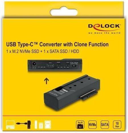 Immagine prodotto Delock Convertitore USB Type-C per 1 x M.2 NVMe SSD + 1 x SATA SSD / HDD con funzione clone