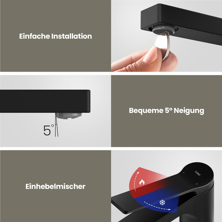Produktbild Emke Wasserhahn Bad, Schwarz matt, Keramikkartusche, Messing, Waschtischarmatur, einfache Installation, M
