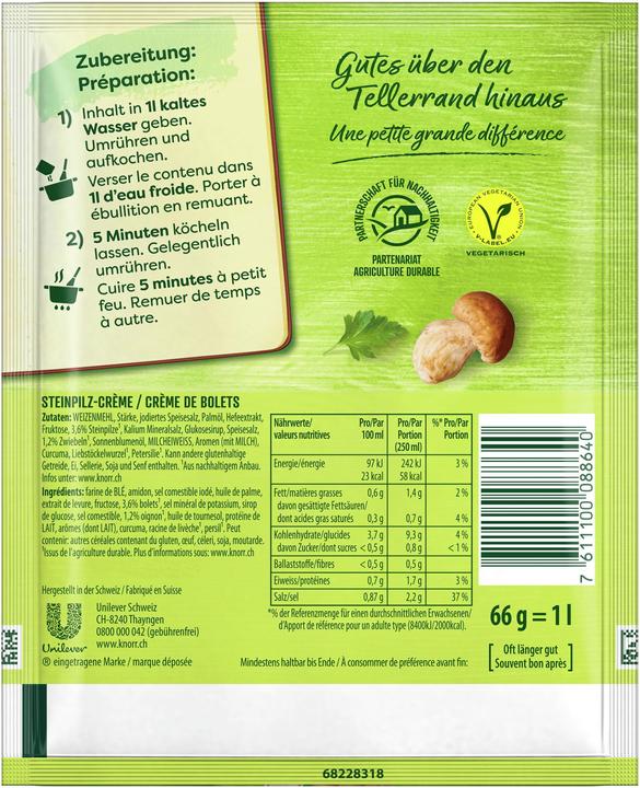 Nutritional values and ingredients Knorr Porcini mushroom cream soup sachet, mushroom soup with fine porcini mushrooms, creamy & flavoured