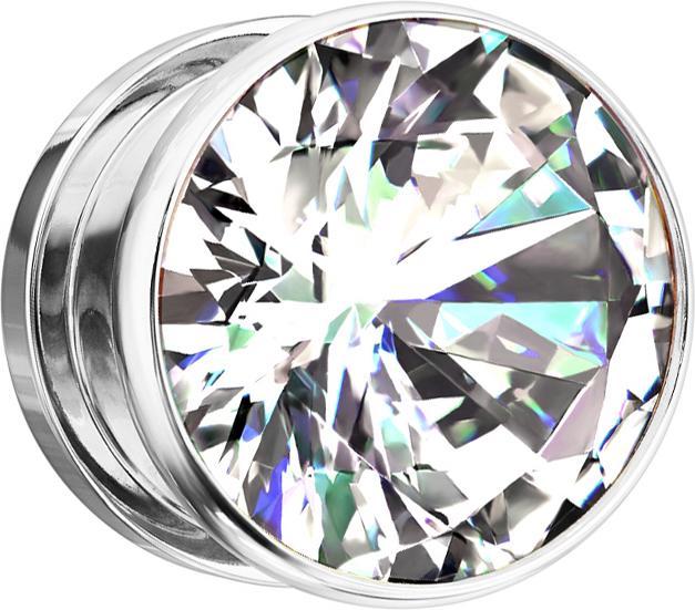 Star Piercing Flesh Plug silber mit grossem Kristall silber (Chirurgenstahl 316L)