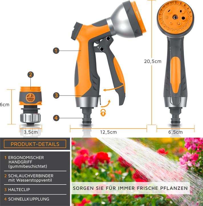Actual product image Brandson Multifunctional shower, garden hand shower with 7 spray profiles, spray gun compatible with Gardena