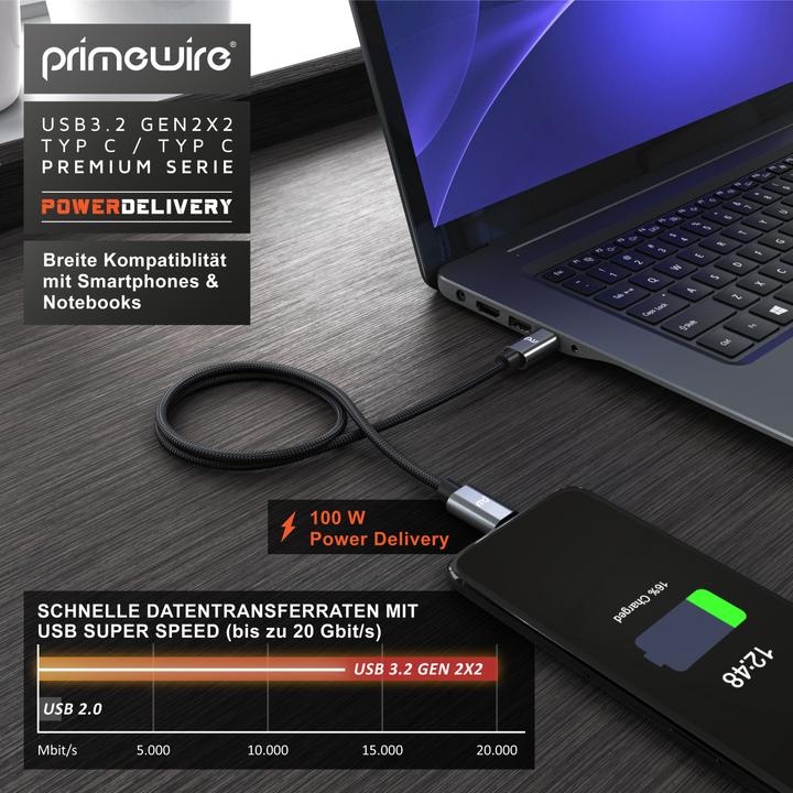 Produktbild Primewire USB C 3.2 Gen 2x2 Kabel, 100 Watt PowerDelivery Ladekabel, Datenkabel 20 Gbit/s, Schnellladekabel (2 m, USB 3.2, 100 W)