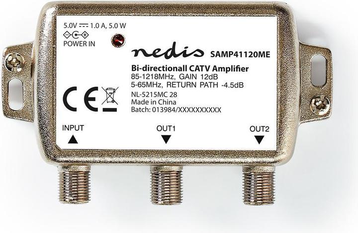 Actual product image Nedis SAMP41120ME CATV amplifier Gain: 12 dB 85-1218 MHz Number of outputs: 2 Return path Silb (Power supply)
