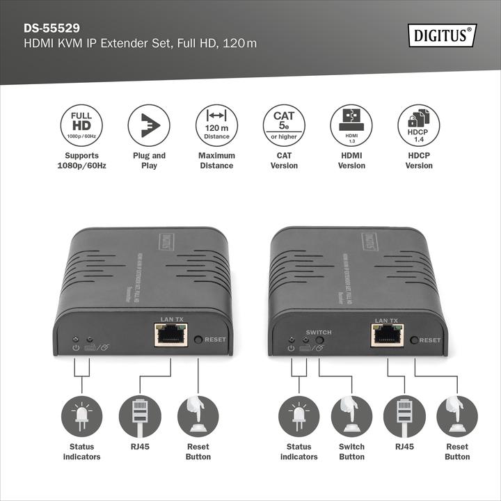 Produktbild Digitus IP KVM Extender Set, 120 m Punkt-zu-Multipunk, 1080p/60Hz