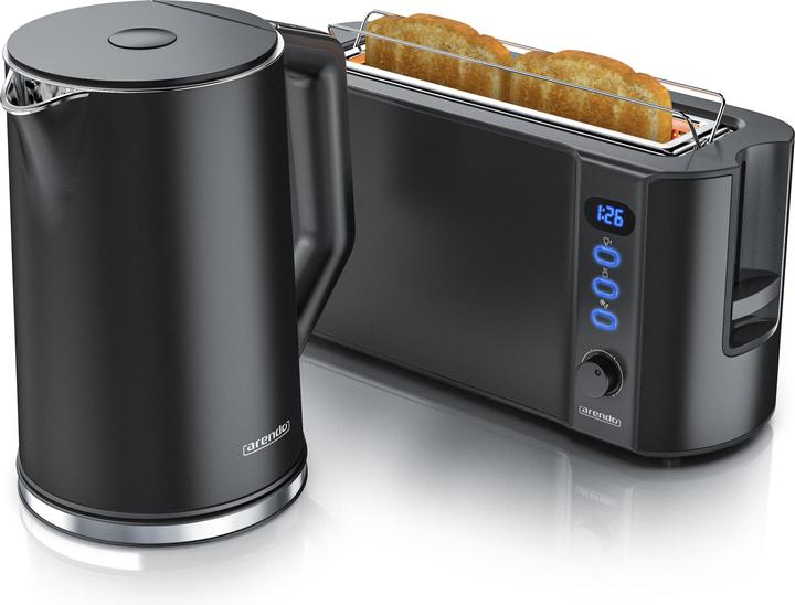 Arendo Frühstücks Set, Edelstahl Wasserkocher 1,5l Temperaturwahl & 2-Scheiben Langschlitz Toaster, Schwarz (1.50 l)