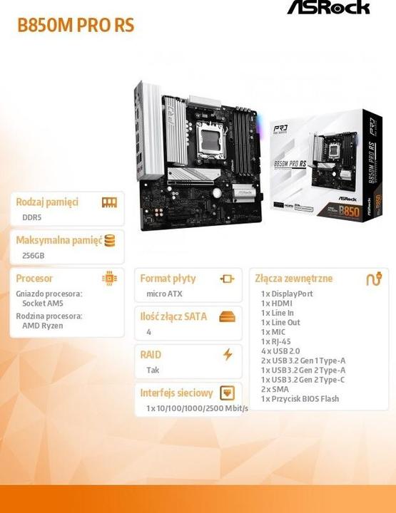 Image du produit AsRock B850M Pro RS (AM5, AMD B850, mATX)
